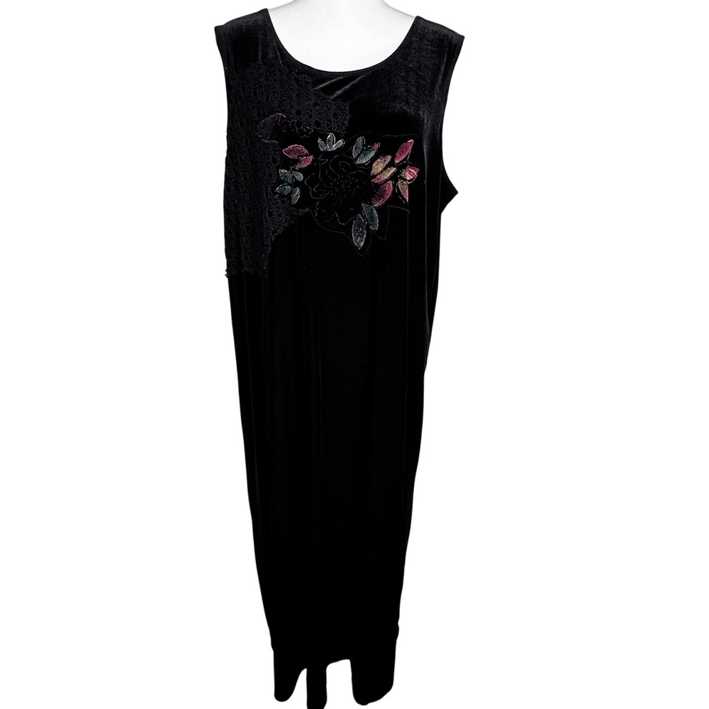COPA CABANA Women's 2X Black Velvet Maxi Dress Sleeveless Floral Lace Applique